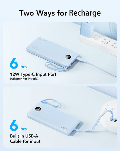Power Bank With Built in Cables VRURC 10000mAh ,USB C Battery Pack Portable Charger with 5 Outputs 2 Inputs Powerbank LED Display compatible with iPhone 14 13 12 Samsung S21 S20 Xiaomi iPad