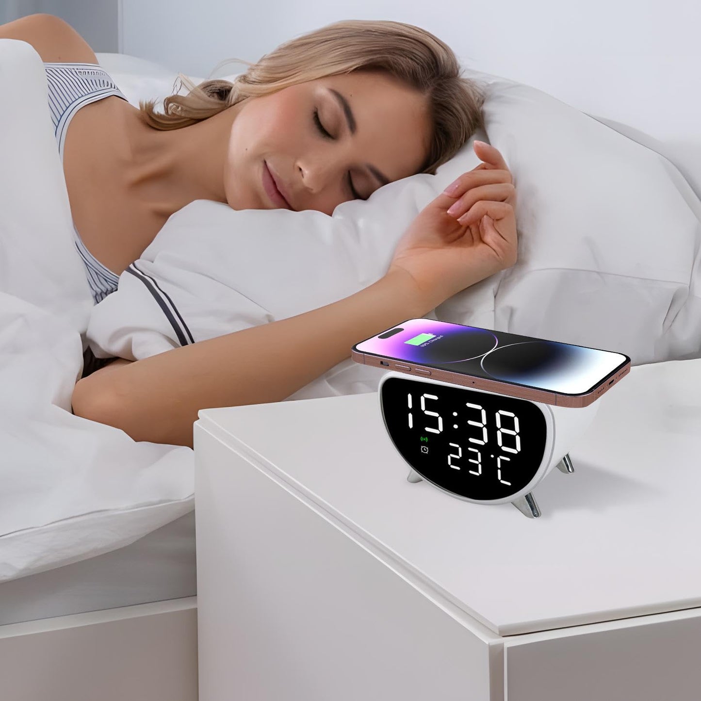 Desk Clock with Wireless Charging - Desk LED Alarm Clock with Temperature Meter | 15W Fast Wireless Charger Station, Sleep Timer for Bedroom, Desk