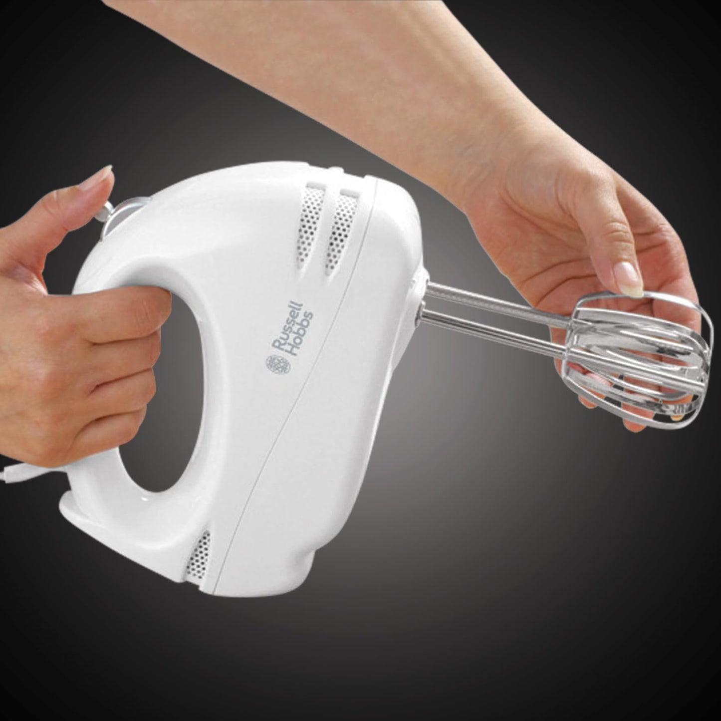 Russell Hobbs Food Collection Electric Hand Mixer with 6 Speeds, Easy release button, Fingertip speed control, Chrome beaters, Wrap around cord storage, 125W, 14451