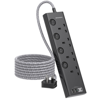 Extension Lead with 4 USB Slots(2 USB C), 4 Way Plug Extension Socket with Individual Switches, 1.8M Extension Cable, Wall Mount Extension Cord