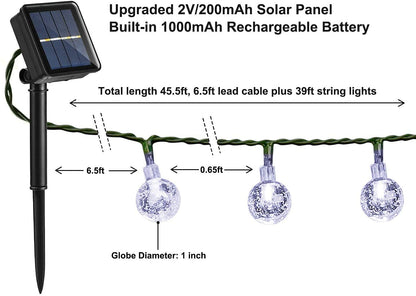 Solar Garden Lights Outdoor, 36ft 60 LED Solar String Lights Waterproof, Solar Powered Crystal Ball Indoor/Outdoor Fairy Lights Decorative Lights for Garden, Patio, Yard, Festival, Parties (White)