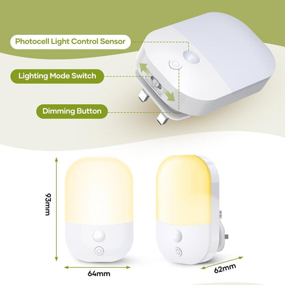 Night Light Plug in Wall with Dusk to Dawn Photocell Sensor, 5 Brightness Levels, ON/Off/AUTO Lighting Mode, 3000K Warm White Night Light for Hallways, Stairs, Bedrooms, Kitchen, 0.3W, 1 Pack