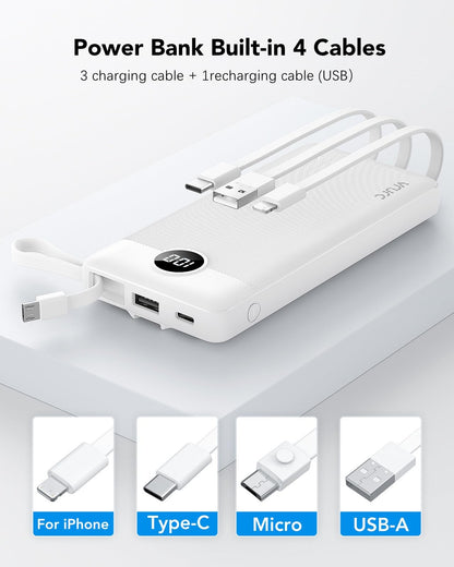 Power Bank With Built in Cables VRURC 10000mAh ,USB C Battery Pack Portable Charger with 5 Outputs 2 Inputs Powerbank LED Display compatible with iPhone 14 13 12 Samsung S21 S20 Xiaomi iPad