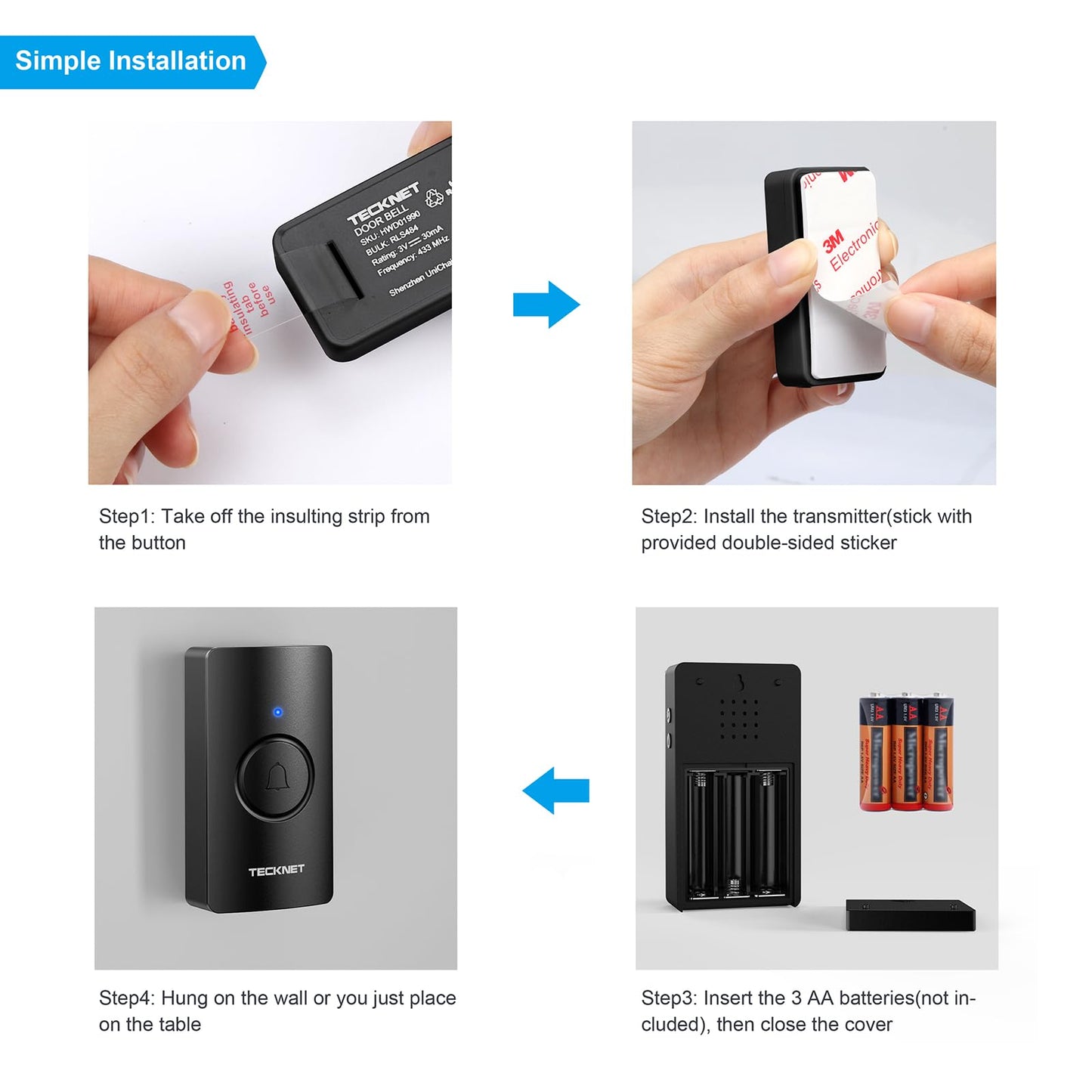 TECKNET Wireless Doorbell, Waterproof Doorbell Battery-Operated Cordless Door Chime Kit with up to 400M Wireless Range,5-Level Volume & 60 Chimes with 4.5 Year Battery Life