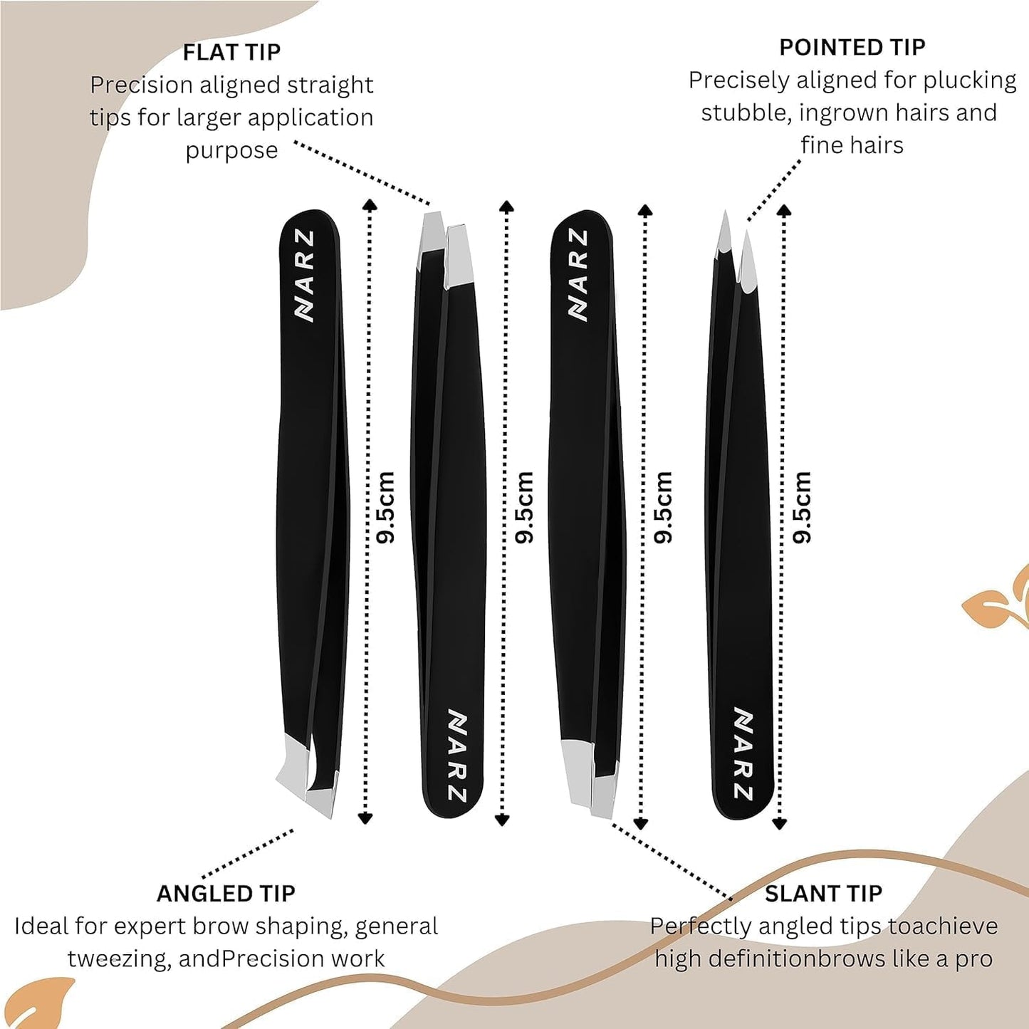 NARZ Professional Tweezers for Facial Hair Women & Men Stainless Steel Precision Tweezers for Ingrown Hair Tweezers (4 Pcs)