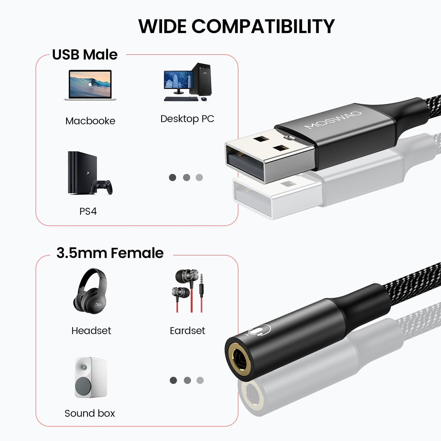 MOSWAG USB to 3.5mm Jack Audio Adapter,External Sound Card USB-A to Audio Jack Adapter with 3.5mm Aux Stereo Converter Compatible with Headset,PC,Laptop,Linux,Desktops,PS4 and More Device