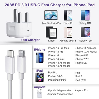 iPhone Fast Charger, 20W USB C Fast Charger Plug with iPhone Charger Cable 1M, iPhone Charger Plug and Cable for iPhone 14/14 Mini/ 14 Pro/ 14 Pro Max/ 13/12/ 11/ SE/ 8/7, Pad