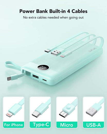 Power Bank With Built in Cables VRURC 10000mAh ,USB C Battery Pack Portable Charger with 5 Outputs 2 Inputs Powerbank LED Display compatible with iPhone 14 13 12 Samsung S21 S20 Xiaomi iPad