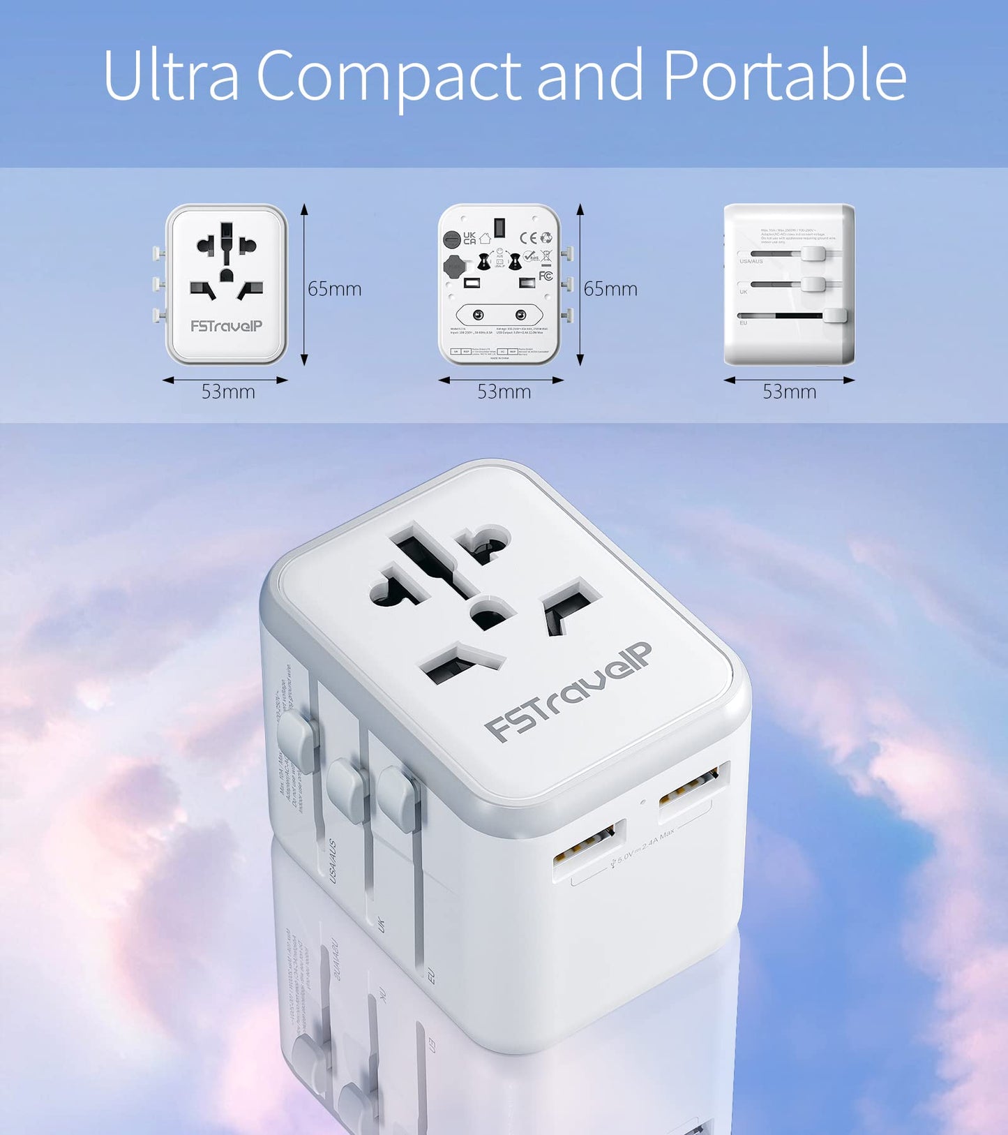 Worldwide Travel Plug Adapter, FSTravelP Universal with 2 USB International AC Socket Dual 10A Fuses, All In One Adapter for USA UK EU AU CN 150+ Countries