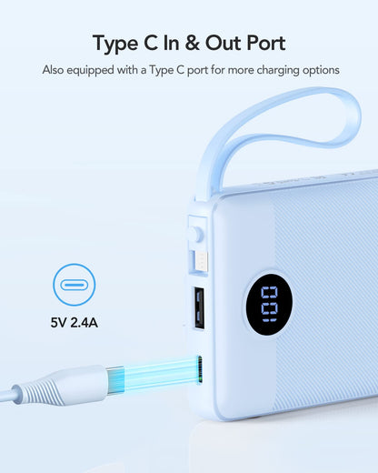Power Bank With Built in Cables VRURC 10000mAh ,USB C Battery Pack Portable Charger with 5 Outputs 2 Inputs Powerbank LED Display compatible with iPhone 14 13 12 Samsung S21 S20 Xiaomi iPad
