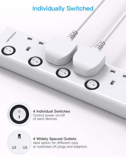 Extension Lead with 4 USB Slots(2 USB C), 4 Way Plug Extension Socket with Individual Switches, 1.8M Extension Cable, Wall Mount Extension Cord