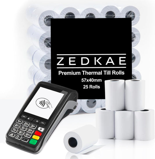 ZEDKAE 57 x 40mm Thermal Till Rolls for PDQ Credit Card Machines | Card Receipt Paper Rolls (Pack of 25)