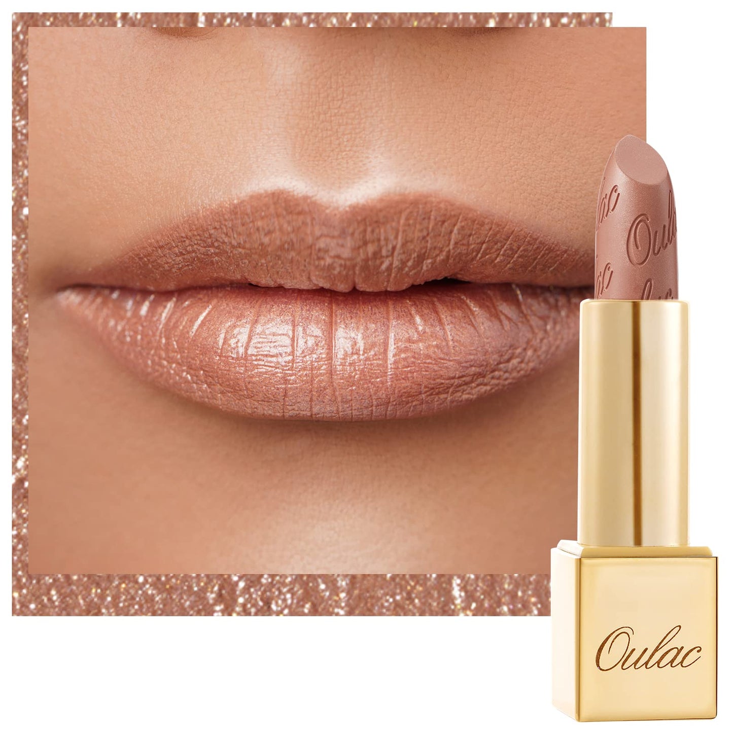 OULAC Metallic Shine Glitter Lipstick, Nude High Impact Lipcolor, Lightweight Soft and Ultra Hydrating, Long Lasting, Vegan & Cruelty-Free, Full-Coverage Lip Color 4.3 g/0.15 Sahara Gold(10)