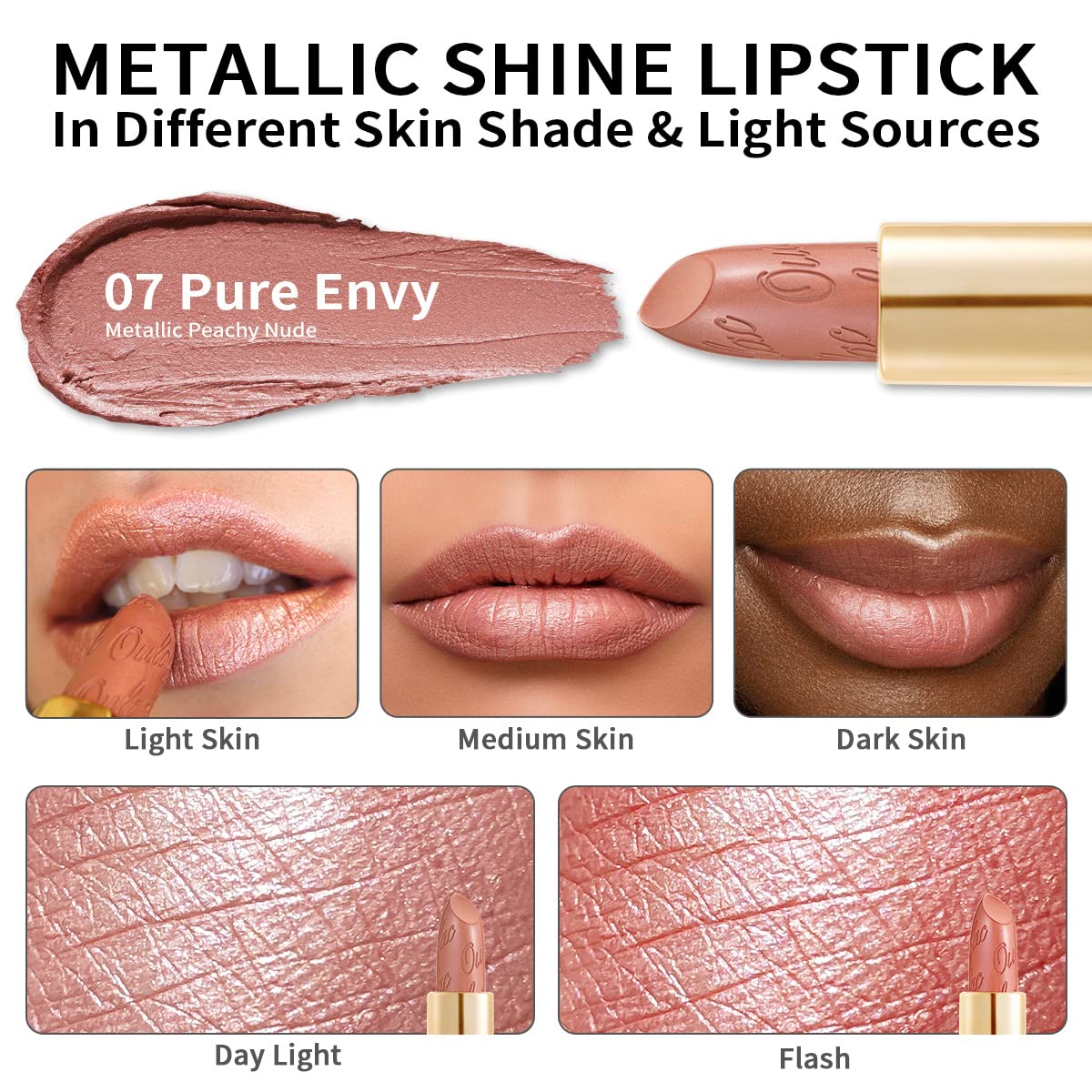 OULAC Metallic Shine Glitter Lipstick, Nude High Impact Lipcolor, Lightweight Soft and Ultra Hydrating, Long Lasting, Vegan & Cruelty-Free, Full-Coverage Lip Color 4.3 g/0.15 Sahara Gold(10)