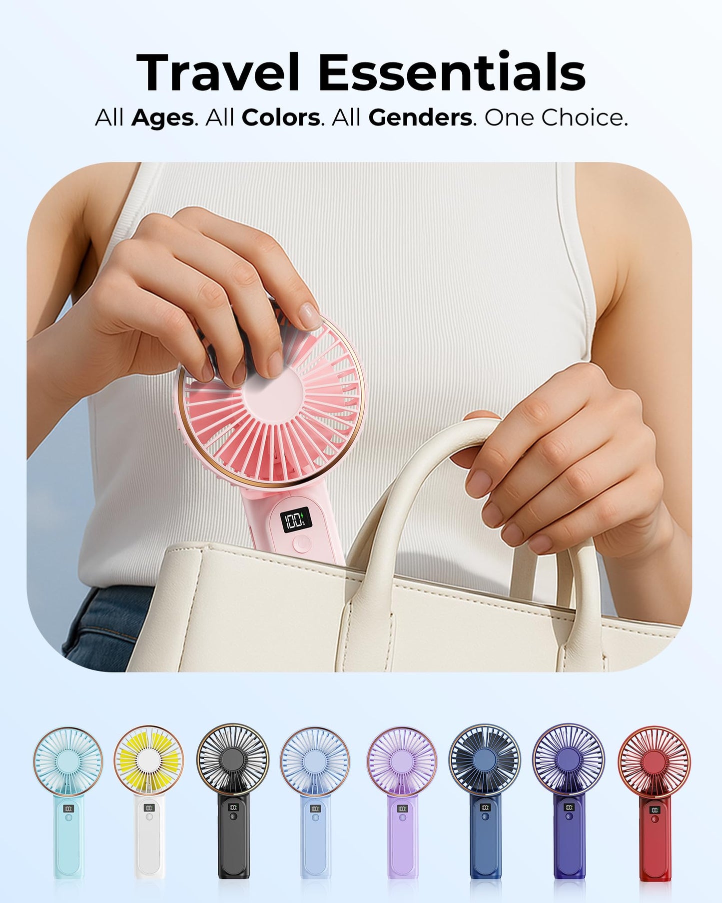 TUNISE Handheld Fan – 4000mAh Portable Rechargeable Fan with LED Display, 6 Speeds, 180° Adjustable, Power Bank Function for Travel & Home