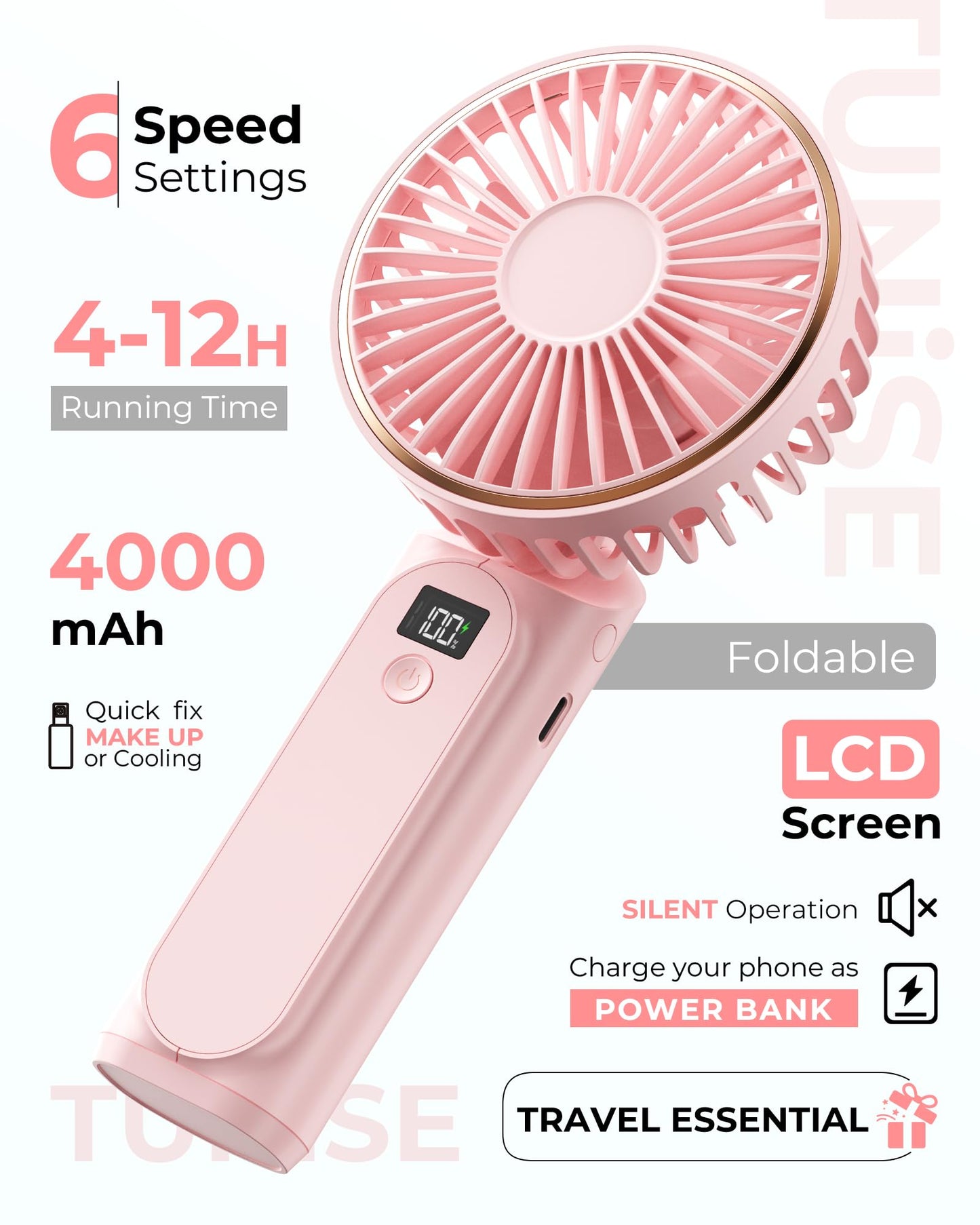 TUNISE Handheld Fan – 4000mAh Portable Rechargeable Fan with LED Display, 6 Speeds, 180° Adjustable, Power Bank Function for Travel & Home