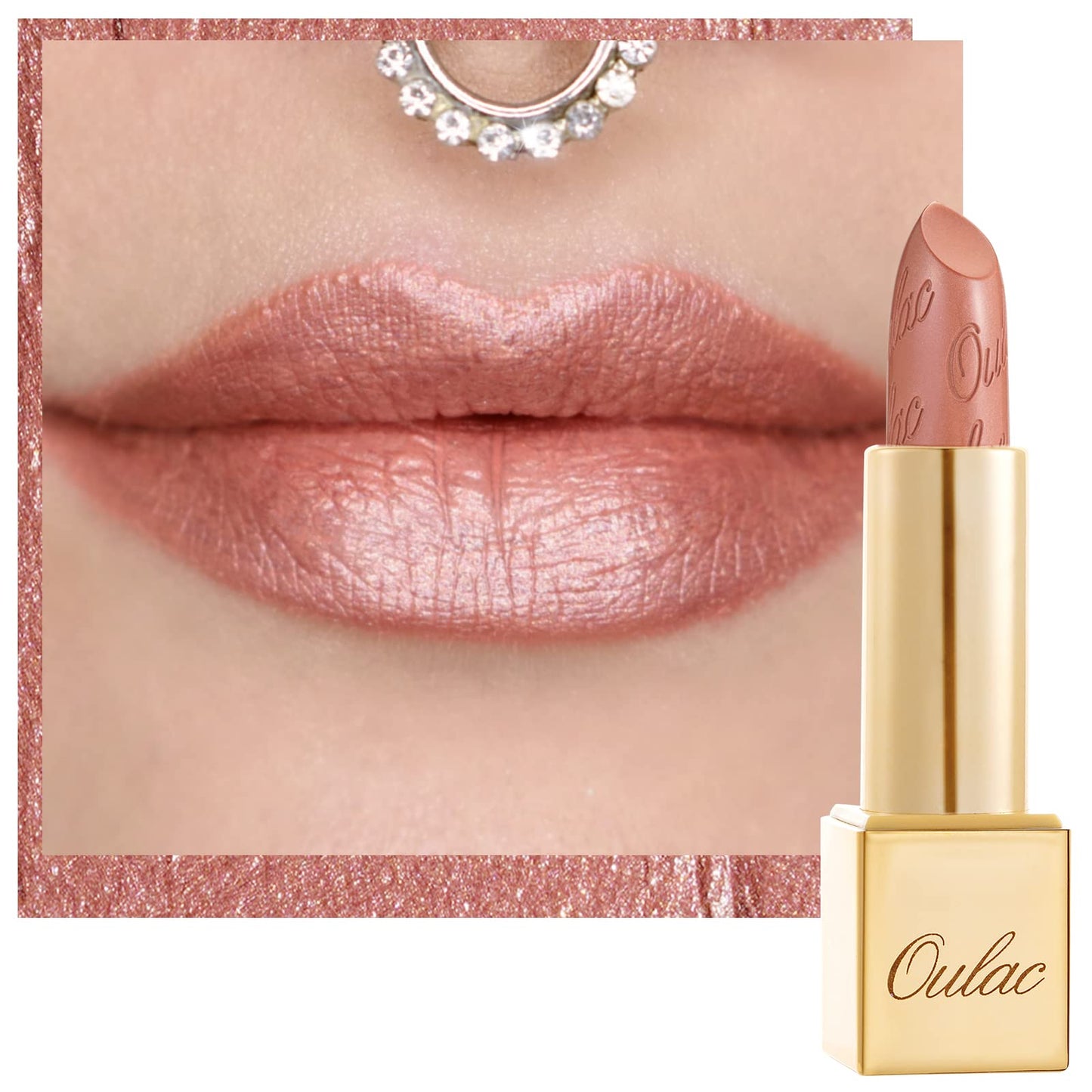 OULAC Metallic Shine Glitter Lipstick, Nude High Impact Lipcolor, Lightweight Soft and Ultra Hydrating, Long Lasting, Vegan & Cruelty-Free, Full-Coverage Lip Color 4.3 g/0.15 Sahara Gold(10)