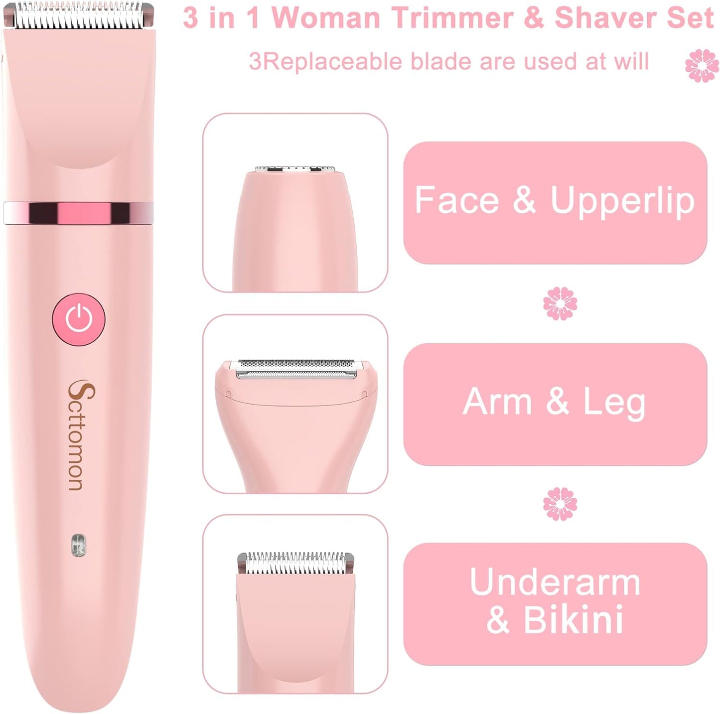 Scttomon Electric Lady Shaver for Women Painless Electric Razor Bikini Trimmer Facial Hair Removal Body Hair Trimmer for Face Legs Underarm Pubic Hair Wet and Dry Flawless 3 in 1