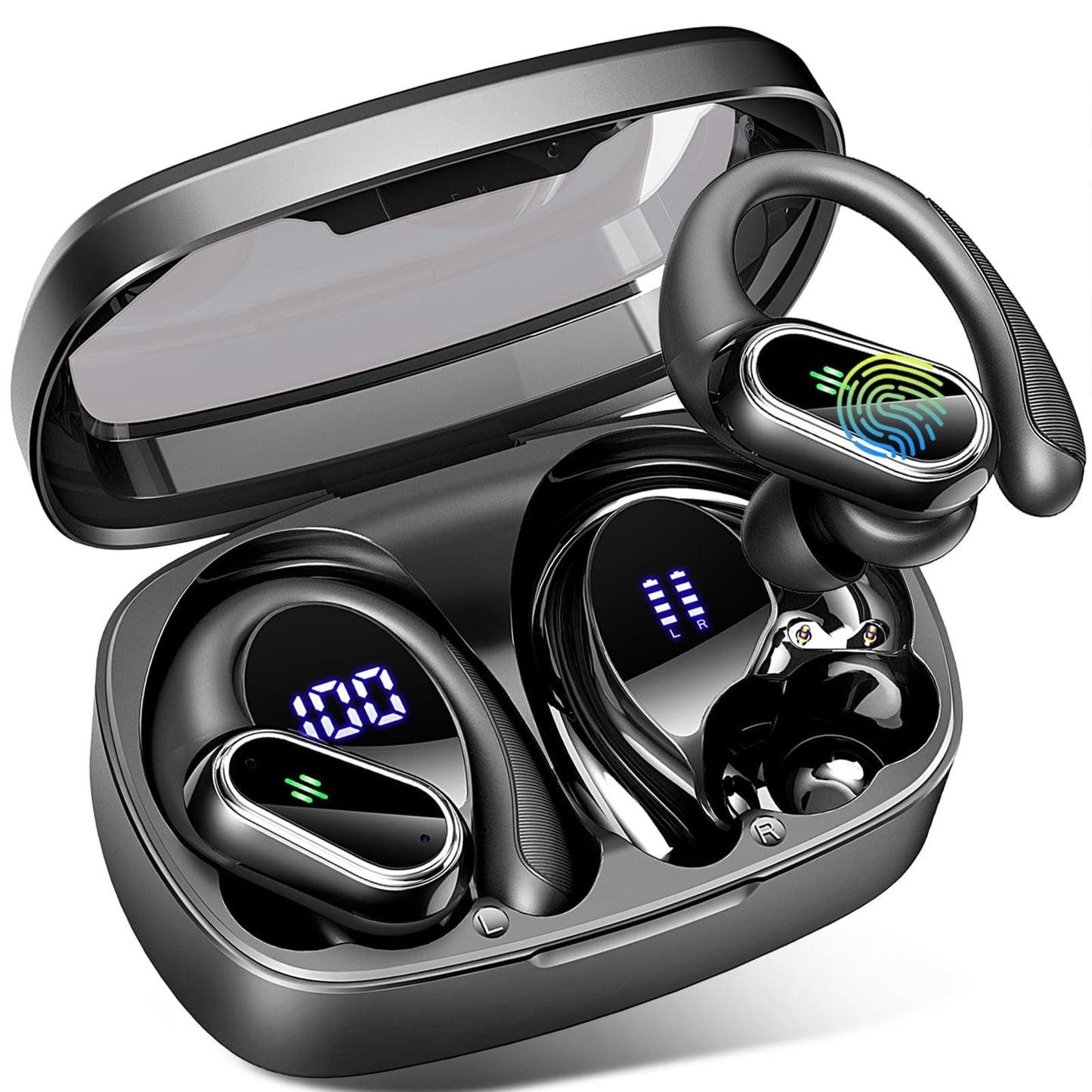 Wireless Earbuds, Wireless Headphones Stereo Noise Cancelling Earbuds with Mic, 50H Bluetooth 5.3 Headphones Dual LED Display, Sport Ear Buds with EarHooks, IP7 Waterproof Wireless Earphones Running