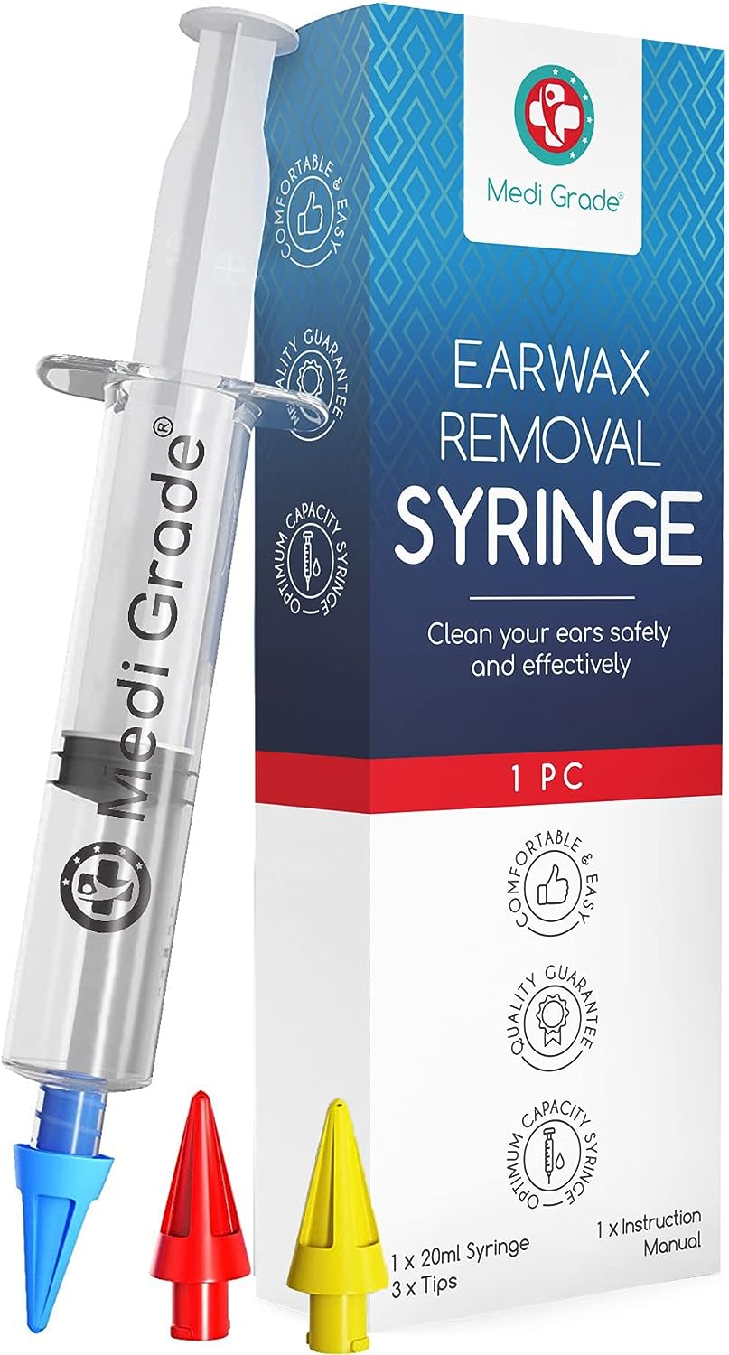 Medi Grade Ear Wax Removal Syringe - Natural Ear Cleaner for Safely Removing Ear Wax at Home - Reusable Ear Cleaning Kit with 3x Family Quad-Spray Safety Tips for Ear Irrigation - Ear Wax Removal Tool