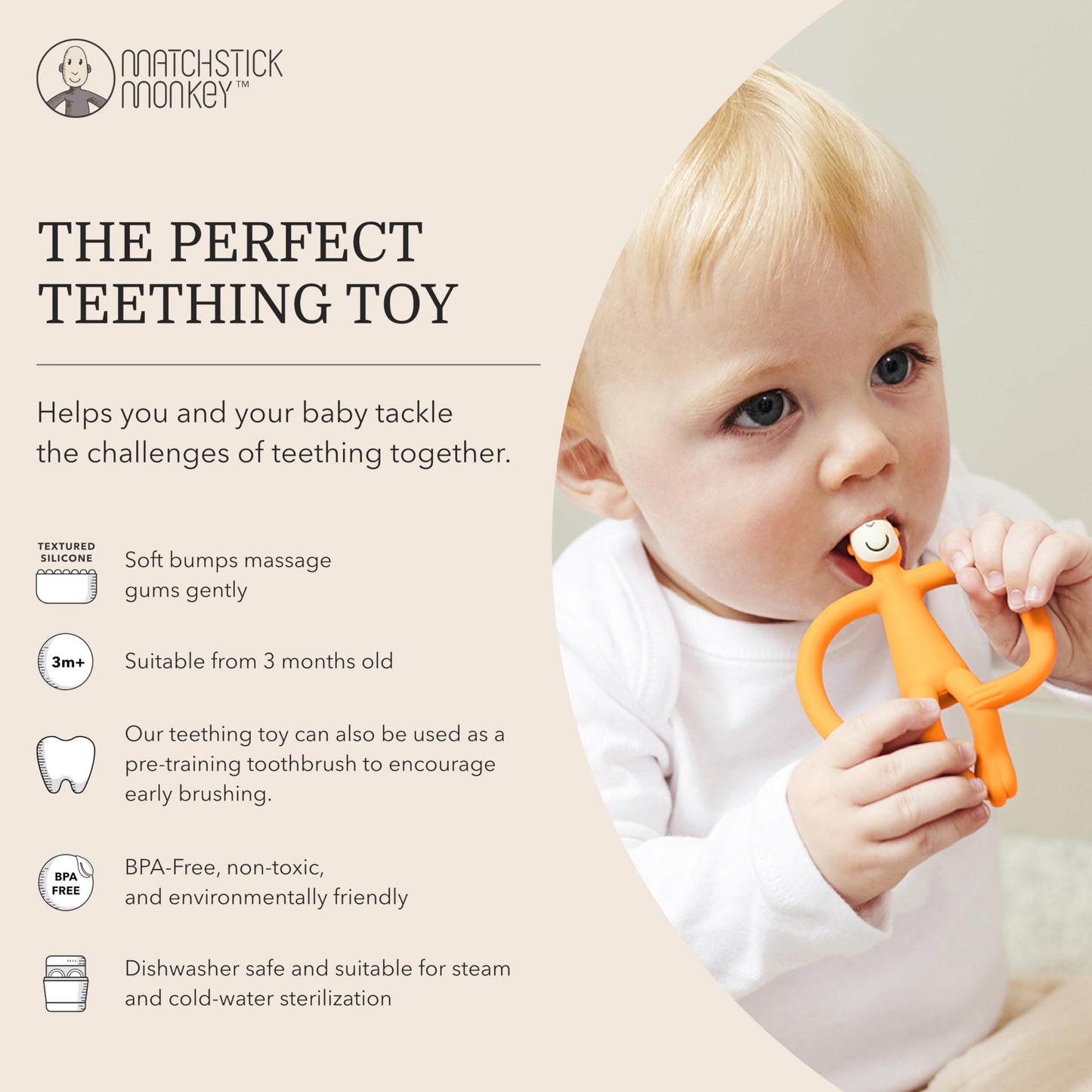 Matchstick Monkey, Original Teether & Gel Applicator, Antimicrobial Silicone Teething Toys for Baby, Easy to Grip, BPA Free, 3 Months Old+, 10.5 cm, Green Monkey