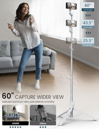 ANXRE Selfie Stick with Reinforced Tripod – 50” Extra Long Adjustable Phone Tripod with Detachable Wireless Remote, Compatible with iPhone & Samsung Smartphones