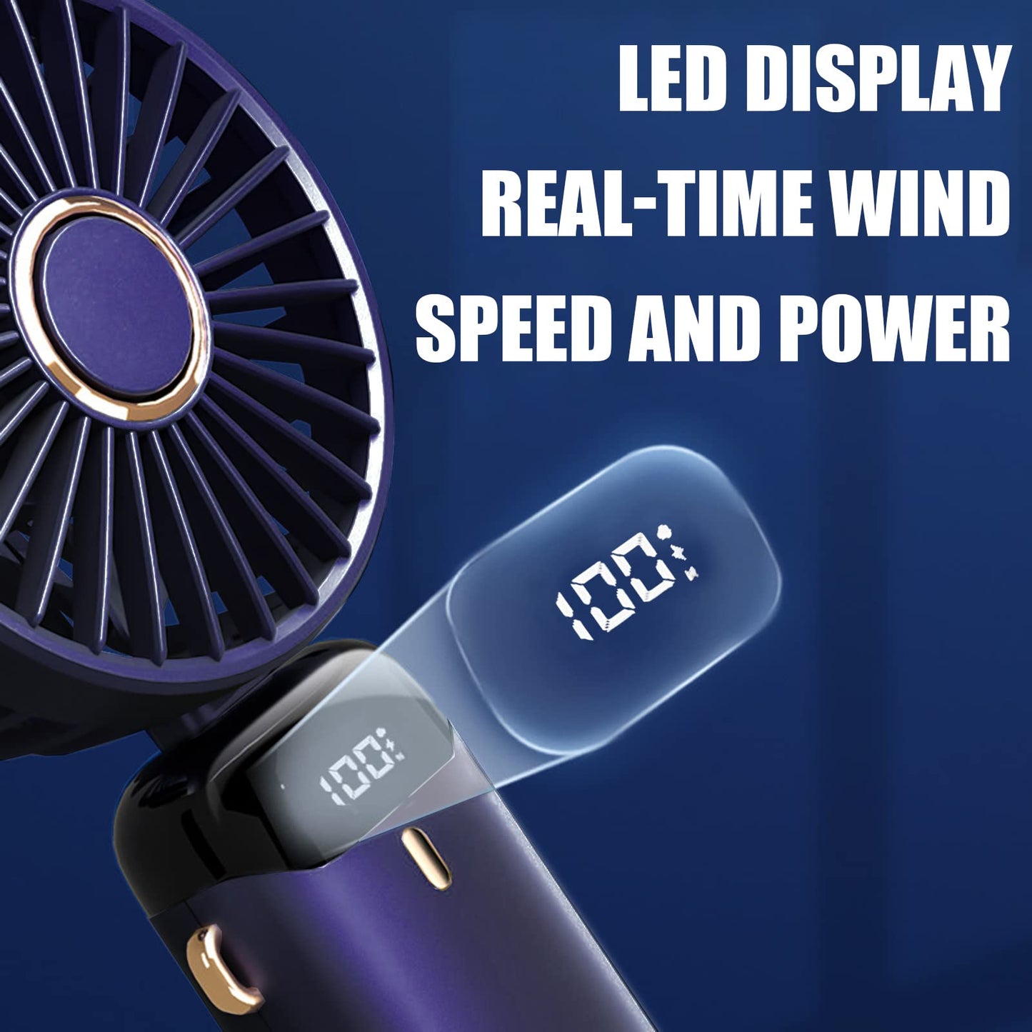 Hand Held Fan,Portable Handheld USB Rechargeable Fans with 5 Speeds,Battery Operated Mini Fan Foldable Desk Desktop LED Display for Home Office Bedroom Outdoor Travel (DarkBlue)