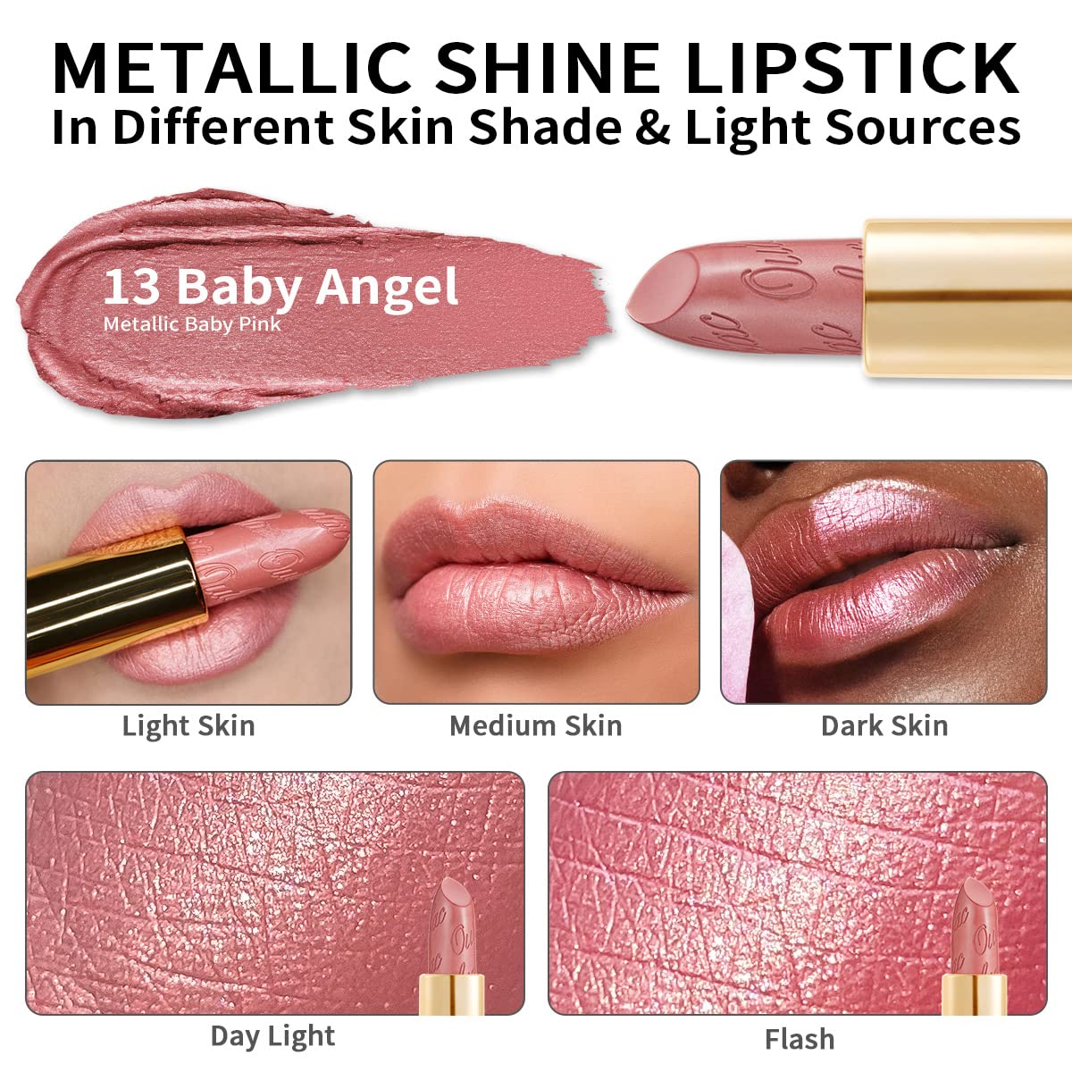 OULAC Metallic Shine Glitter Lipstick, Nude High Impact Lipcolor, Lightweight Soft and Ultra Hydrating, Long Lasting, Vegan & Cruelty-Free, Full-Coverage Lip Color 4.3 g/0.15 Sahara Gold(10)