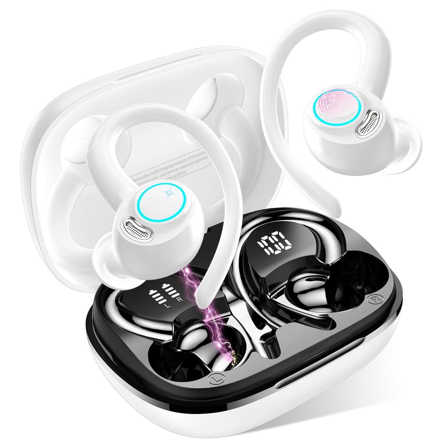 Jesebang Wireless Earbuds, Bluetooth 5.3 Headphones, 2024 Wireless Earphones HiFi Stereo Sound with ENC Mic, Sport Headsets in Ear EarHooks for Running, 40H Dual LED Display, IP7, Black