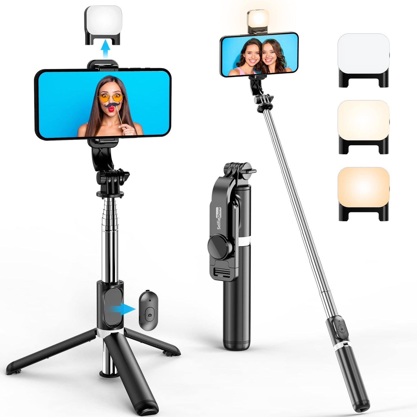 Selfie Stick Tripod, 4 in 1 Extendable Selfie Stick 360° Rotation Tripod Stand with Detachable Wireless Remote Portable Mobile Phone Holder Compatible with GoPro, iPhone, Android Smartphone