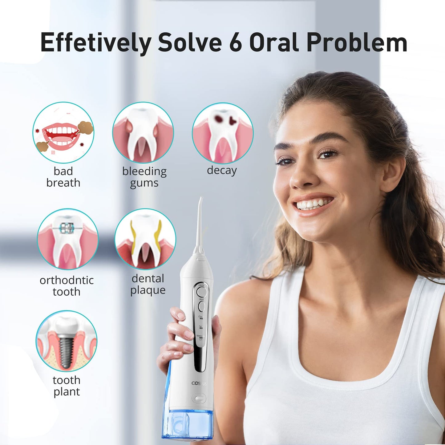 Water Dental Flosser for Teeth Cordless: COSLUS Portable Oral Irrigator 300ML 5 Jet Tips Rechargeable Tooth Flosser Teeth Braces Pick IPX7 Waterproof Irrigation Cleaner for Travel Home