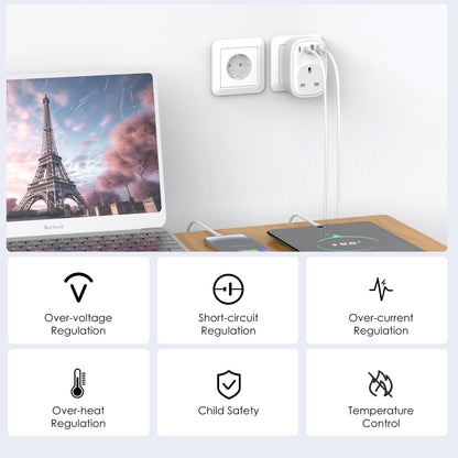 Tusreda UK to European Plug Adapter – USB-C Fast Charger, Grounded Type E/F Travel Adapter for Spain, France, Germany & More