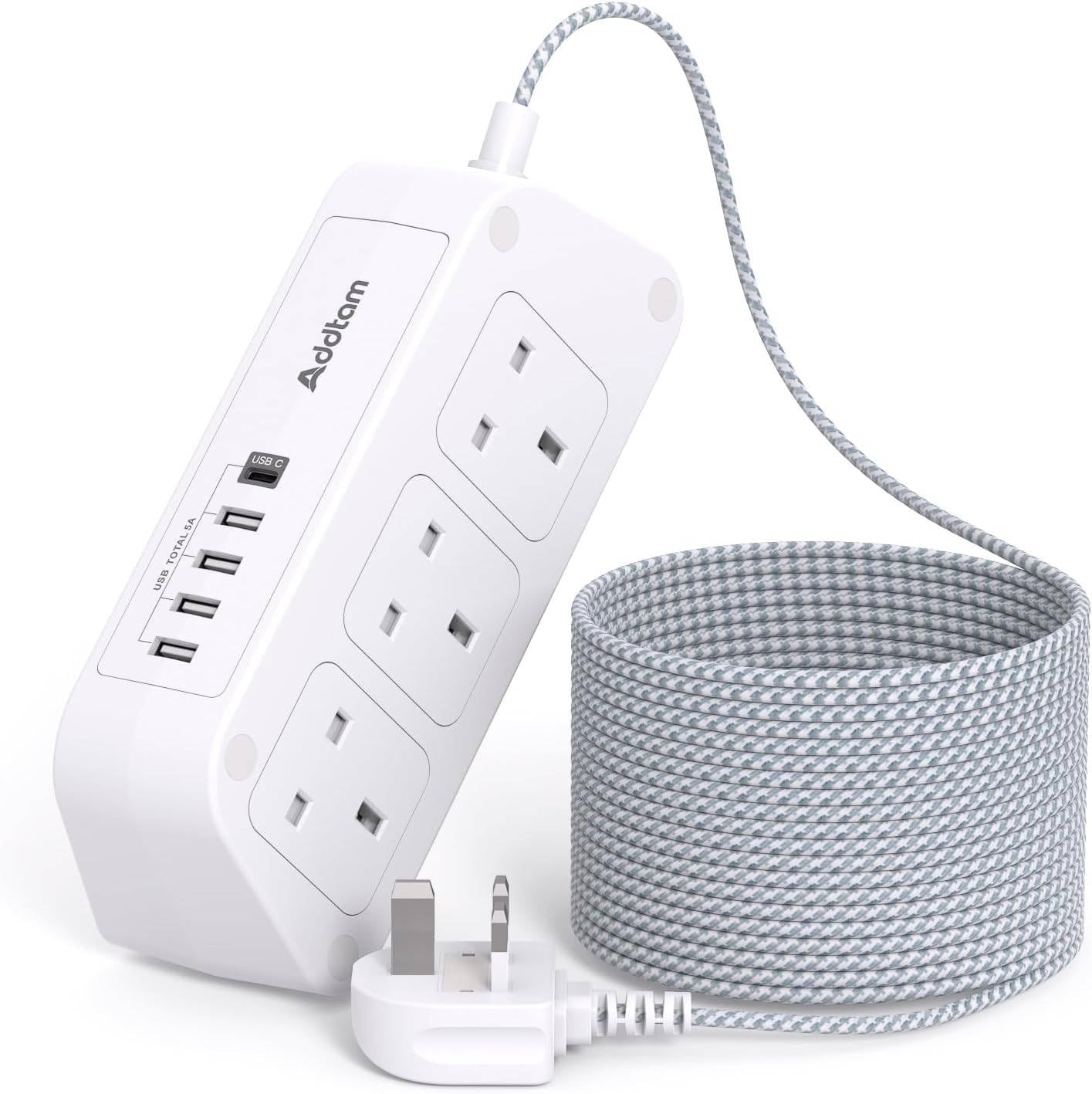 Extension Lead with USB Slots，6 Way Outlets 5 USB(5A, 1 USB- C and 4 USB-A Port) with 1.8M Braided Extension cord, 3250W Overload Protection，Security Surge Protection Plug Extension Socket