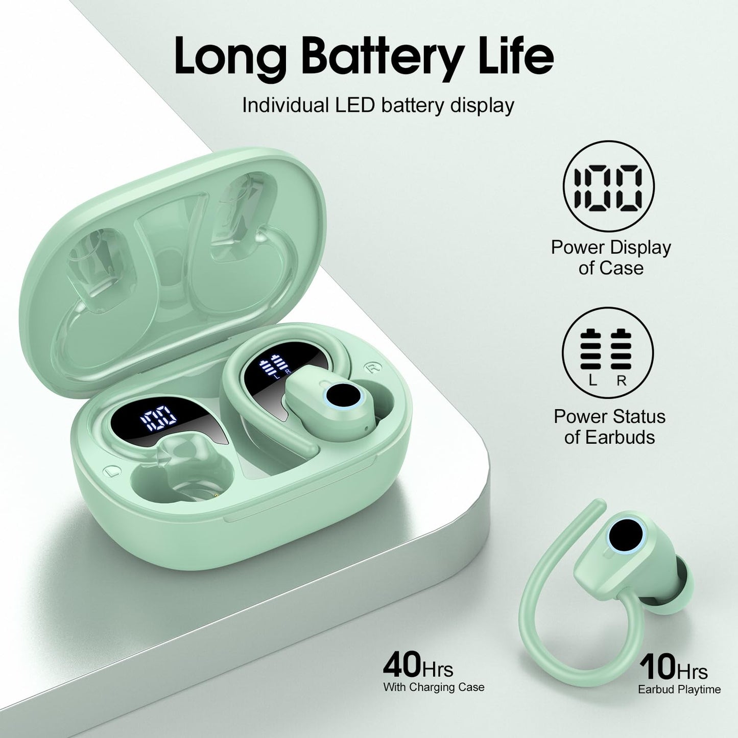 Wireless Earbuds, Bluetooth 5.3 Headphones with 4 ENC Noise Canceling Mic, 50H Stereo Dual LED Display Ear Buds, Sport Wireless Earphones with Earhooks, IP7 Waterproof Wireless Headphones for Running