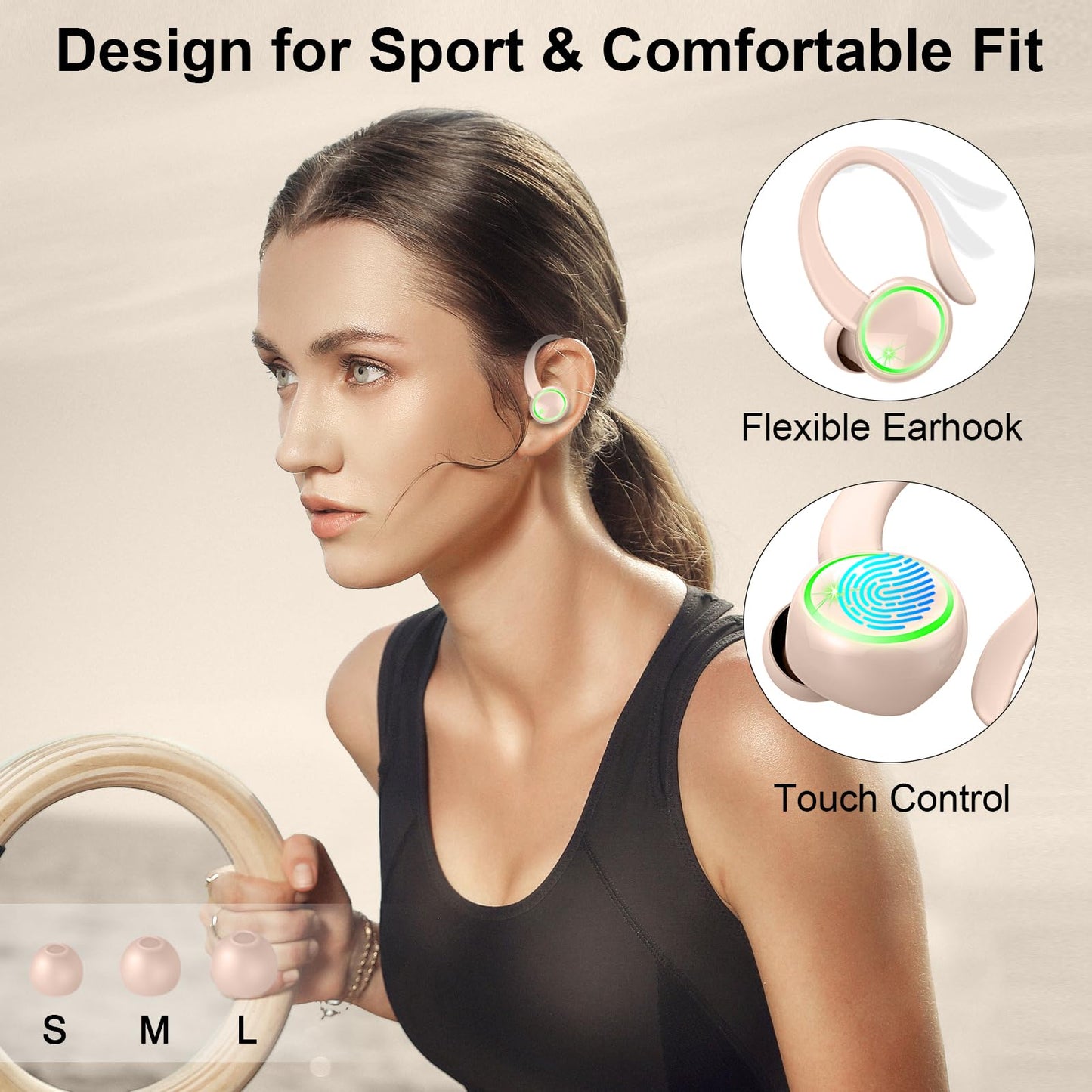 Wireless Earbuds, Bluetooth 5.3 Headphones, 50H+ Playtime Stereo Noise Canceling Headphones with 4 ENC Mic, Sport Ear buds with Earhooks, IPX7 Waterproof Wireless Earphones for Sport/Running/Gym Black