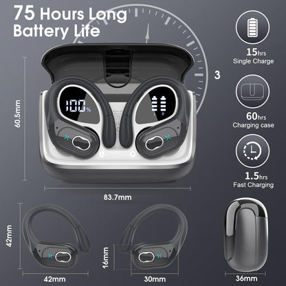 STECEi Wireless Earbuds – 75H Bluetooth 5.4 Earphones with ENC Noise Cancelling Mics, HiFi Stereo Sound, Earhooks, IP7 Waterproof for Running, Gym & Sports (Black)