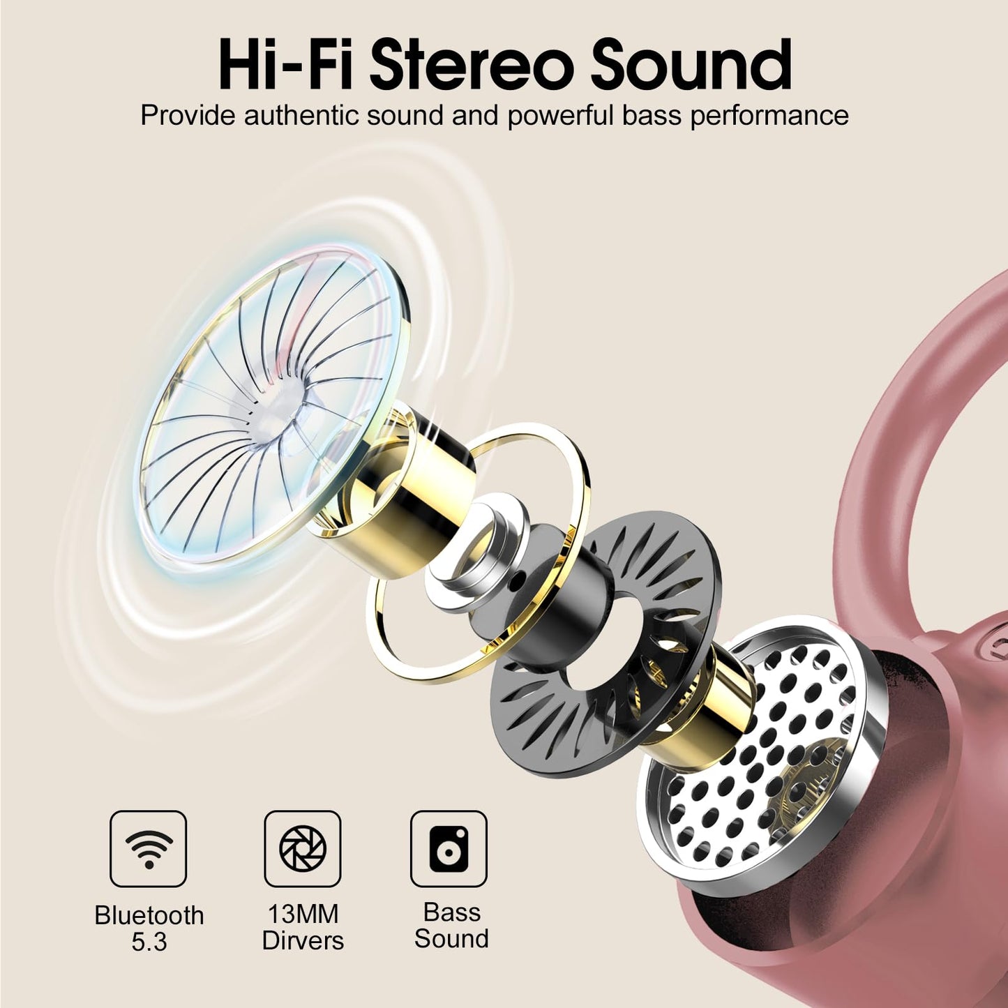 Wireless Earbuds, Bluetooth 5.3 Headphones with 4 ENC Noise Canceling Mic, 50H Stereo Dual LED Display Ear Buds, Sport Wireless Earphones with Earhooks, IP7 Waterproof Wireless Headphones for Running