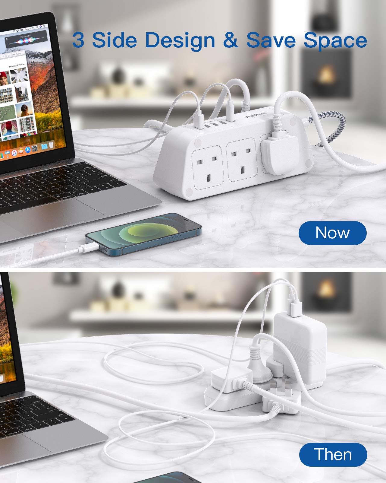 Extension Lead with USB Slots，6 Way Outlets 5 USB(5A, 1 USB- C and 4 USB-A Port) with 1.8M Braided Extension cord, 3250W Overload Protection，Security Surge Protection Plug Extension Socket