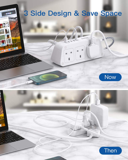 Extension Lead with USB Slots，6 Way Outlets 5 USB with 1.8M Braided Extension cord,Security Surge Protection Plug Extension Socket