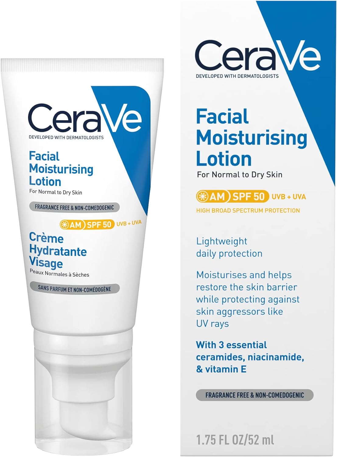 CeraVe AM Facial Moisturising Lotion SPF50 with Ceramides & Vitamin E for Normal to Dry Skin 52ml