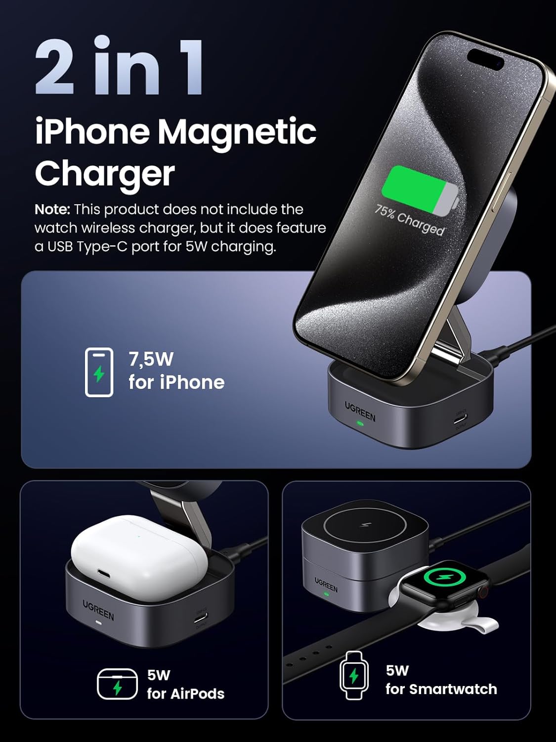 UGREEN MagFlow MagSafe Charger Compatible, 15W Wireless Charger Stand, 2-in-1 Magnetic Charging Station, Compatible with iPhone 16/15/15 Plus/15 Pro/15 Pro Max/14/13/12, AirPods 3/2/Pro