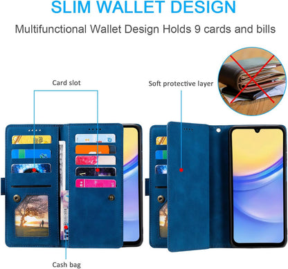 UEEBAI Wallet Case for Samsung Galaxy A15 – Retro PU Leather Flip Cover with 9 Card Slots, Zipper Pocket, Magnetic Closure, Kickstand & Wrist Strap, Shockproof Protective Case