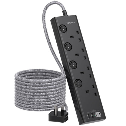 Extension Lead with 4 USB Slots(2 USB C), 4 Way Plug Extension Socket with Individual Switches, 1.8M Extension Cable, Wall Mount Extension Cord