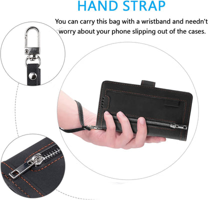 UEEBAI Wallet Case for Samsung Galaxy A15 – Retro PU Leather Flip Cover with 9 Card Slots, Zipper Pocket, Magnetic Closure, Kickstand & Wrist Strap, Shockproof Protective Case
