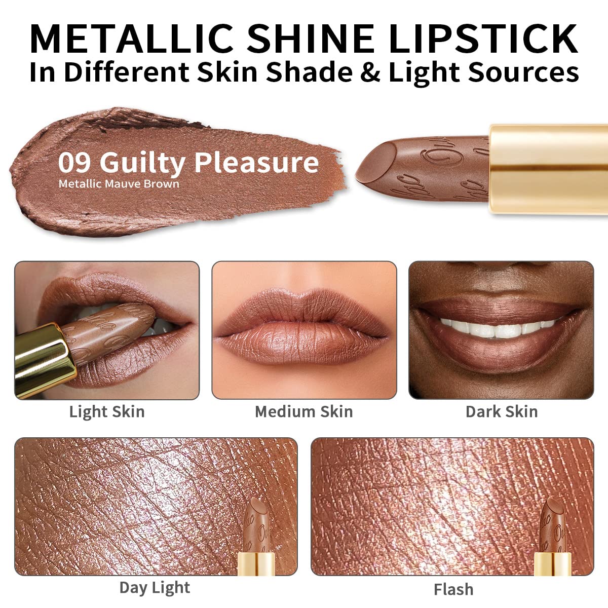 OULAC Metallic Shine Glitter Lipstick, Nude High Impact Lipcolor, Lightweight Soft and Ultra Hydrating, Long Lasting, Vegan & Cruelty-Free, Full-Coverage Lip Color 4.3 g/0.15 Sahara Gold(10)