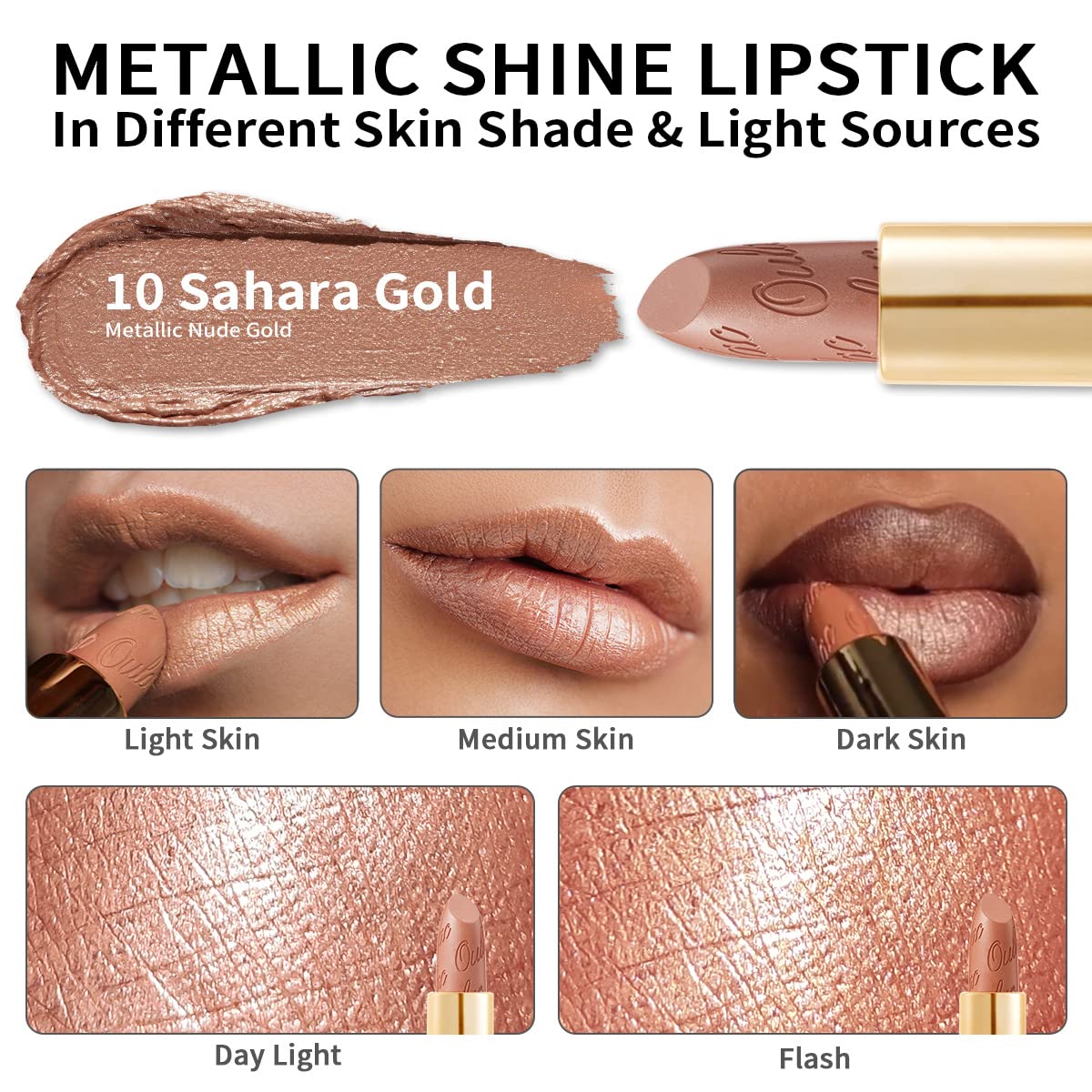 OULAC Metallic Shine Glitter Lipstick, Nude High Impact Lipcolor, Lightweight Soft and Ultra Hydrating, Long Lasting, Vegan & Cruelty-Free, Full-Coverage Lip Color 4.3 g/0.15 Sahara Gold(10)