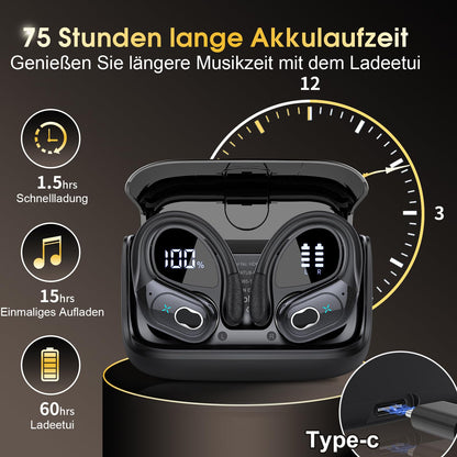 STECEi Wireless Earbuds – 75H Bluetooth 5.4 Earphones with ENC Noise Cancelling Mics, HiFi Stereo Sound, Earhooks, IP7 Waterproof for Running, Gym & Sports (Black)