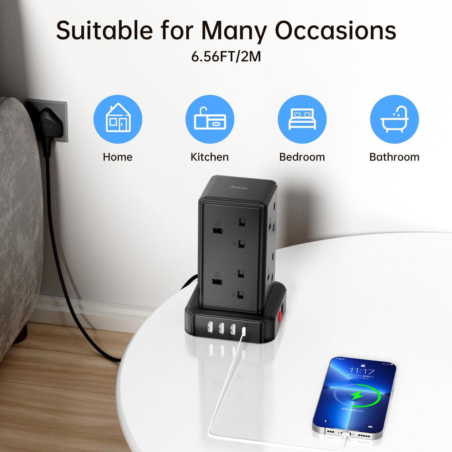 Tower Extension lead with USB Slots, 8 Way Extension Lead Surge Protection with Switch (13A 3250W) 8 AC Outlets & 4 USB Ports Plug Extension Socket Extension Cable 2M Mini Power Strip for Home, Office