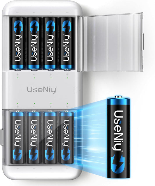 Rechargeable Lithium Batteries AA 8-Pack with Charger, 1.5V AA Rechargeable Batteries, 3000mWh High Capacity AA, Li-ion AA with Charger, [2-1] Charing-Storage Box Integrated AA Charger