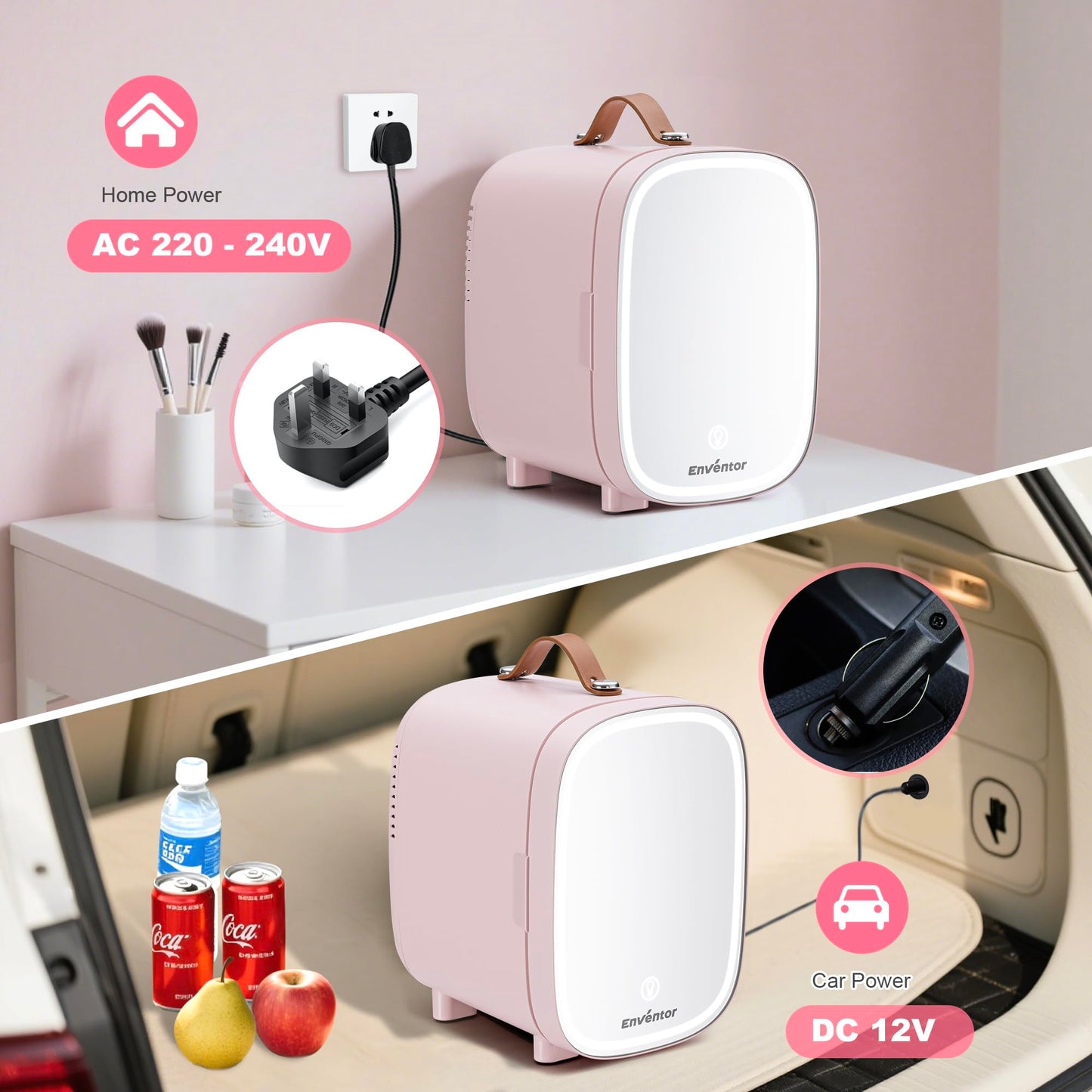 Enventor 4L Mini Fridge – LED Mirror Skincare Cooler & Warmer, AC/DC, Portable Cosmetic Fridge for Home, Car & Travel (Pink)